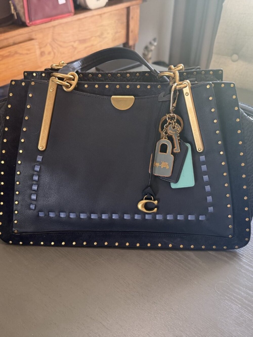Coach Navy Large Shoulder Bag with Gold and Light Blue Accents